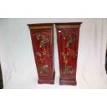 Pair of Cabinets with Red Painted Effect Finish decorated with Flowers, both of tapering form,