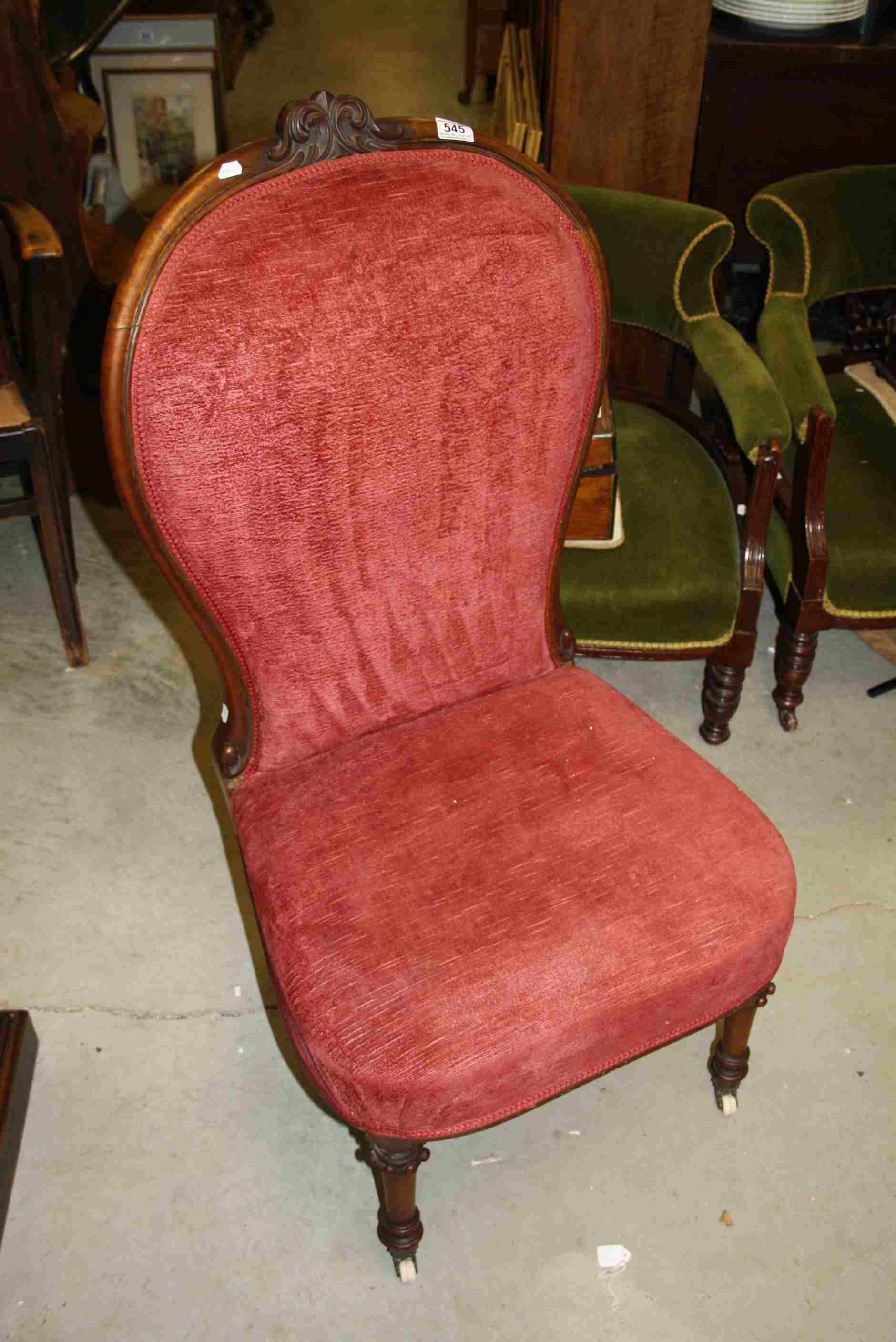 19th century Walnut Framed and Red Upholstered Balloon Back Nursing Chair raised on Turned Front - Image 3 of 3