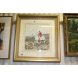 Framed and Glazed Watercolour of a Mounted Huntsman with Hounds in Moorland Setting (signature