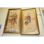 T. Nokayama, Pair of Oriental Watercolours of Figures in everyday life, faded signature