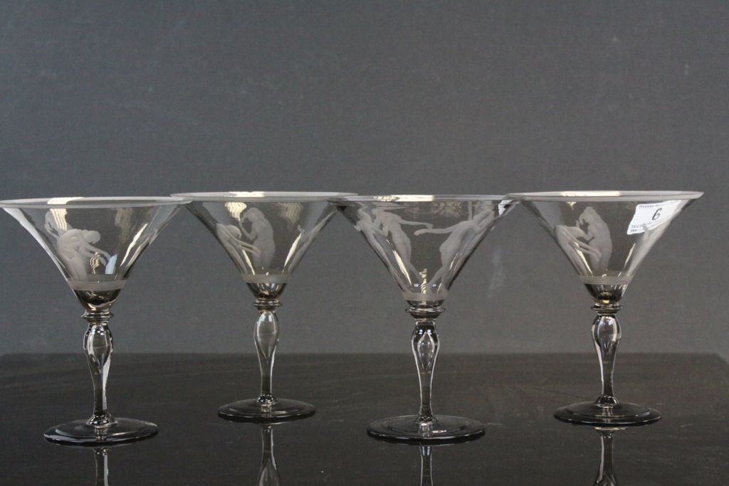 Four Champagne glasses, Scandanavian style with engraved Dancing Nude female figures - Image 8 of 9