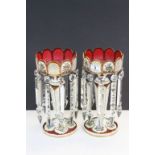 Pair of Victorian Enamel painted Ruby glass Lustres with Faceted crystal drops
