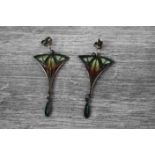 Pair of enamelled silver Art Nouveau style drop earrings, the enamelled fan shaped earring