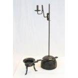 Antique Iron Rushlight Holder and Candle Holder set in a heavy wooden base plus an Antique Cast Iron