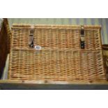 Large wicker linen basket / hamper with leather effect handles and fasteners, approx. 64cms long