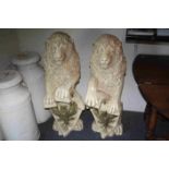 Pair of Cream Finished Lions sat on their Back Legs holding Crested Shields, 103cms high