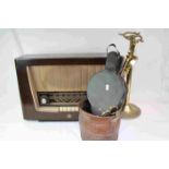 Vintage "Regentone" Radio, Brass fireside Tools, copper bucket etc
