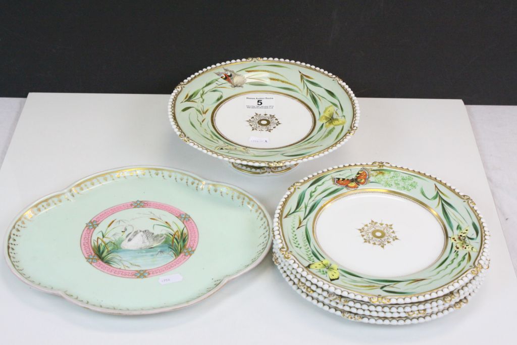 Small collection of 19th Century ceramic plates and cake stand with hand painted Butterfly