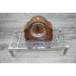 Oak cased mantle Clock with later battery conversion and a large Chrome finished pot or Kettle