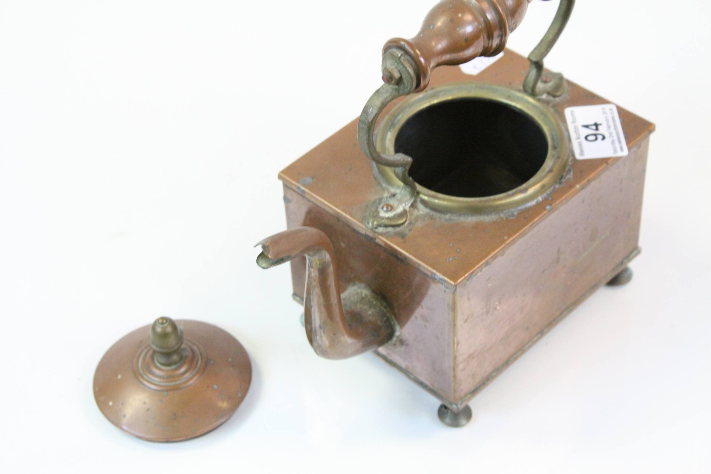 An antique 19th Century Copper and Brass kettle in square form mark to side VR - Image 2 of 2