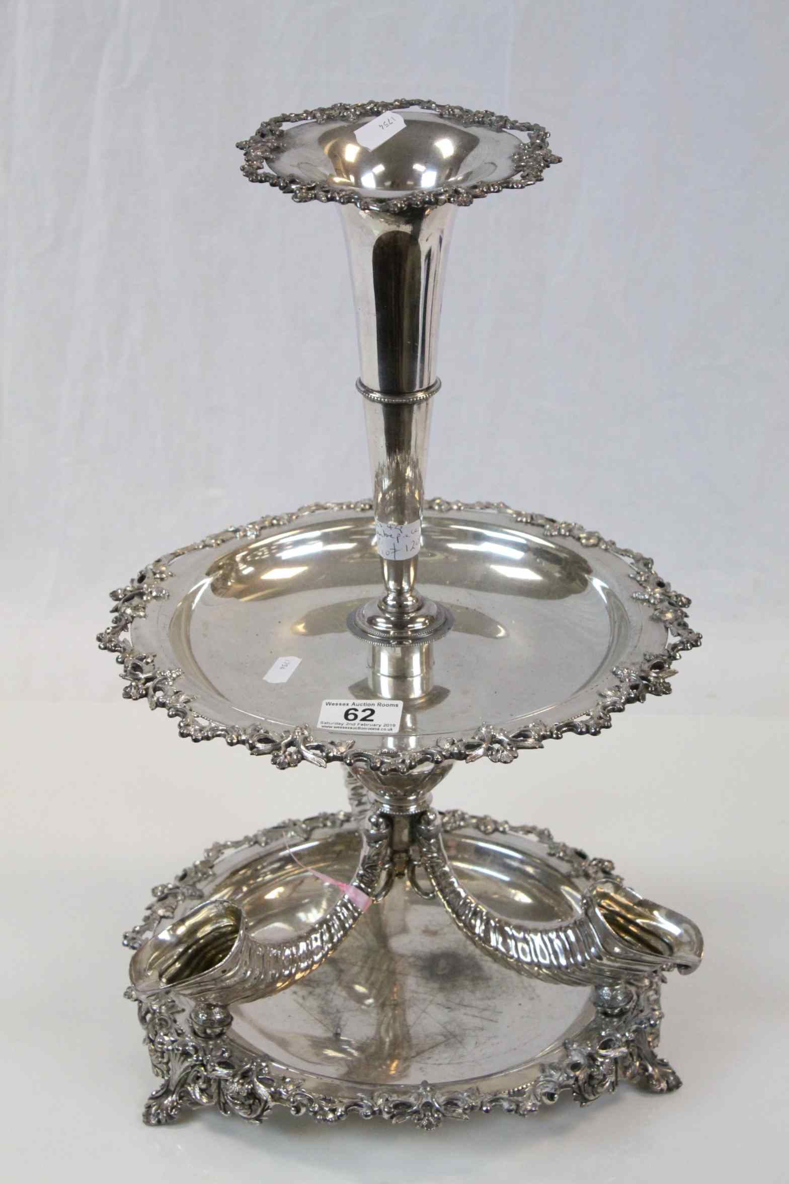 Silver plated three tier combination epergne fruit stand, three cornucopia branches forming the