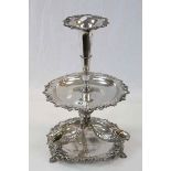 Silver plated three tier combination epergne fruit stand, three cornucopia branches forming the