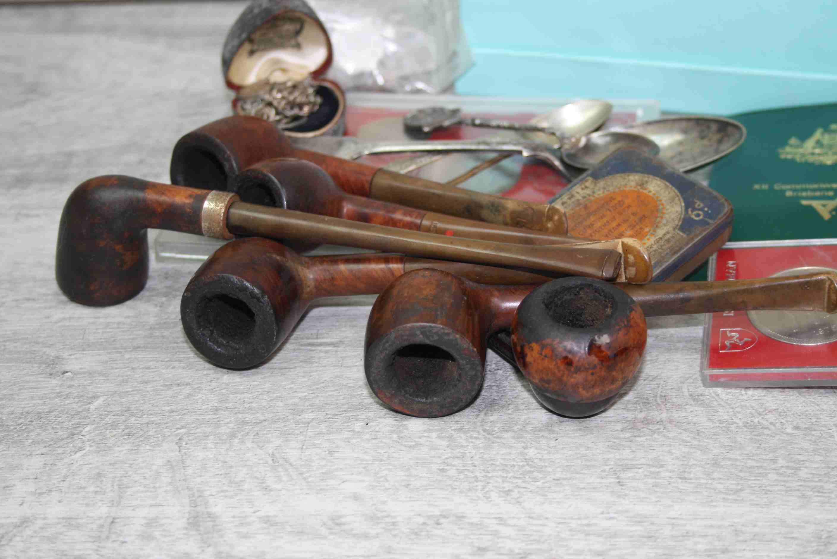 Silver plated candle snuffer, collection of tobacco pipes, small quantity of coins etc - Image 2 of 4