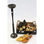 Box of shoe lasts including a pair with plaque marked 'For Town Shoes, Joseph Box Bootmaker, London