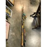 Collection of vintage fishing rods to include split cane, approximately 13