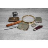 Mixed Lot including Wooden Snuff Box, Matchcase, Penknives, White Metal Coin Holder, Lighter,