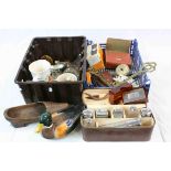 Two Trays of Mixed Collectables including Cased Brush Sets, Wooden Clog, Pub Advertising Jug,