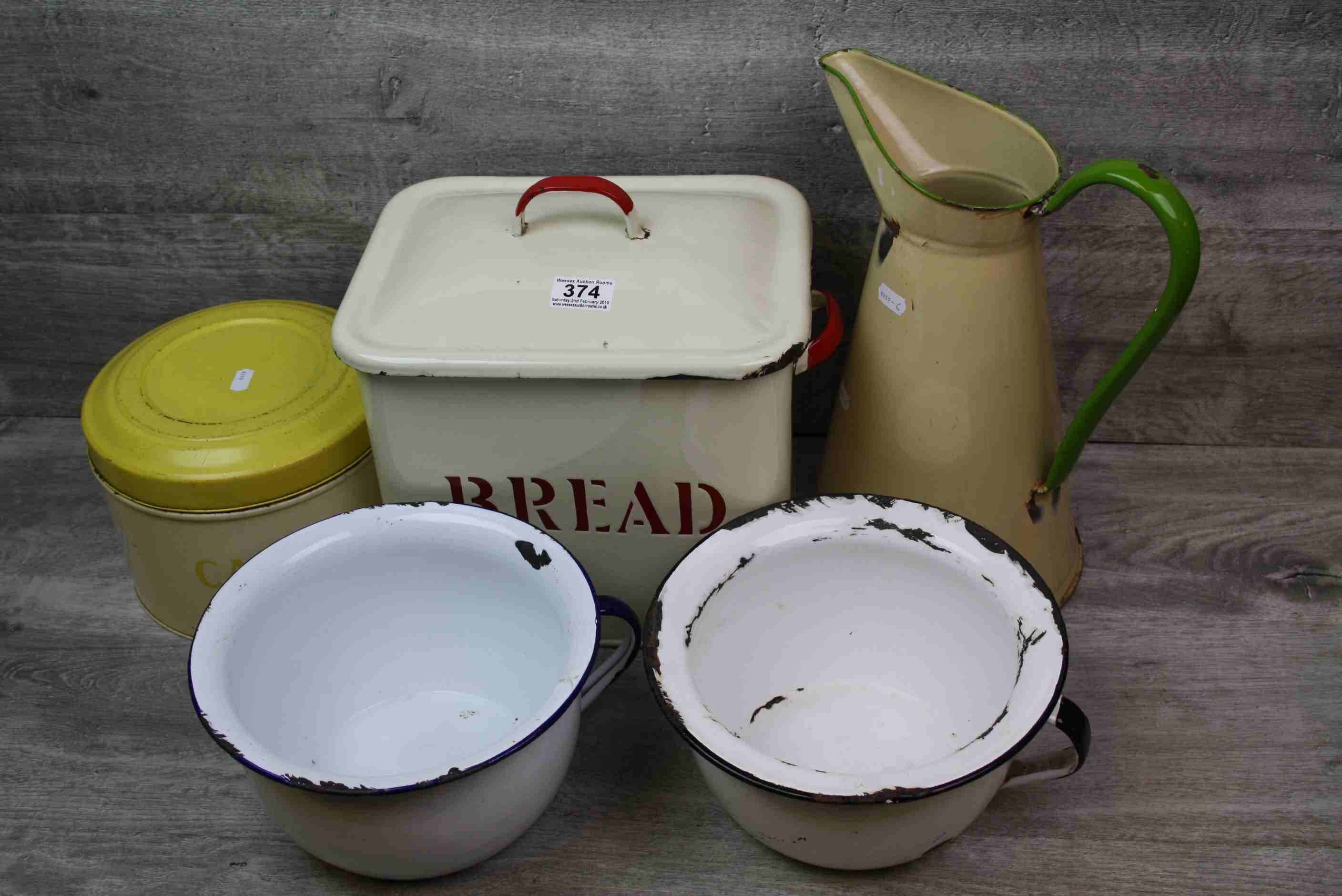 Small collection of vintage Enamel Kitchen ware to include a Bread Bin and Cake tin, both with lids