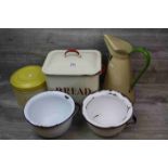 Small collection of vintage Enamel Kitchen ware to include a Bread Bin and Cake tin, both with lids