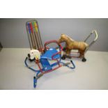 Vintage "Lines Brothers" plush push along Horse toy with Metal frame, painted metal Rocking Horse