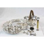 Collection of silver plate to include fruit basket, gravy boat, tray, milk and sugar on stand etc