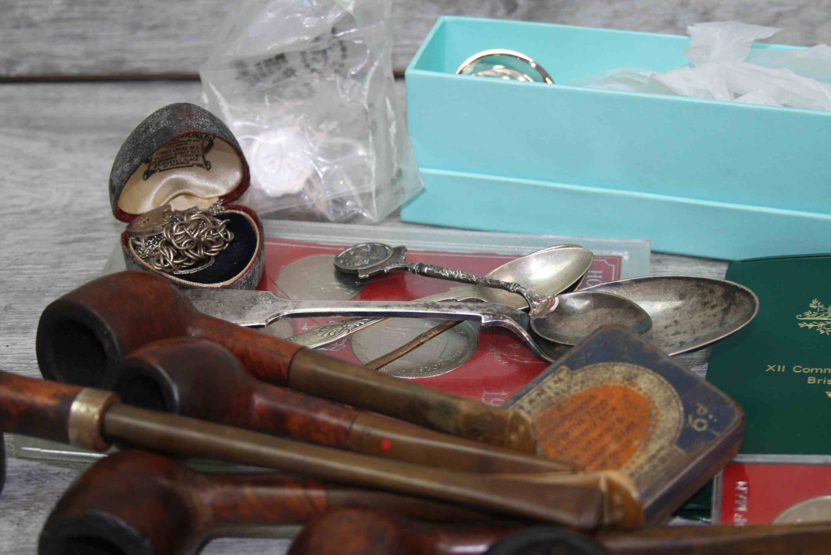 Silver plated candle snuffer, collection of tobacco pipes, small quantity of coins etc - Image 3 of 4