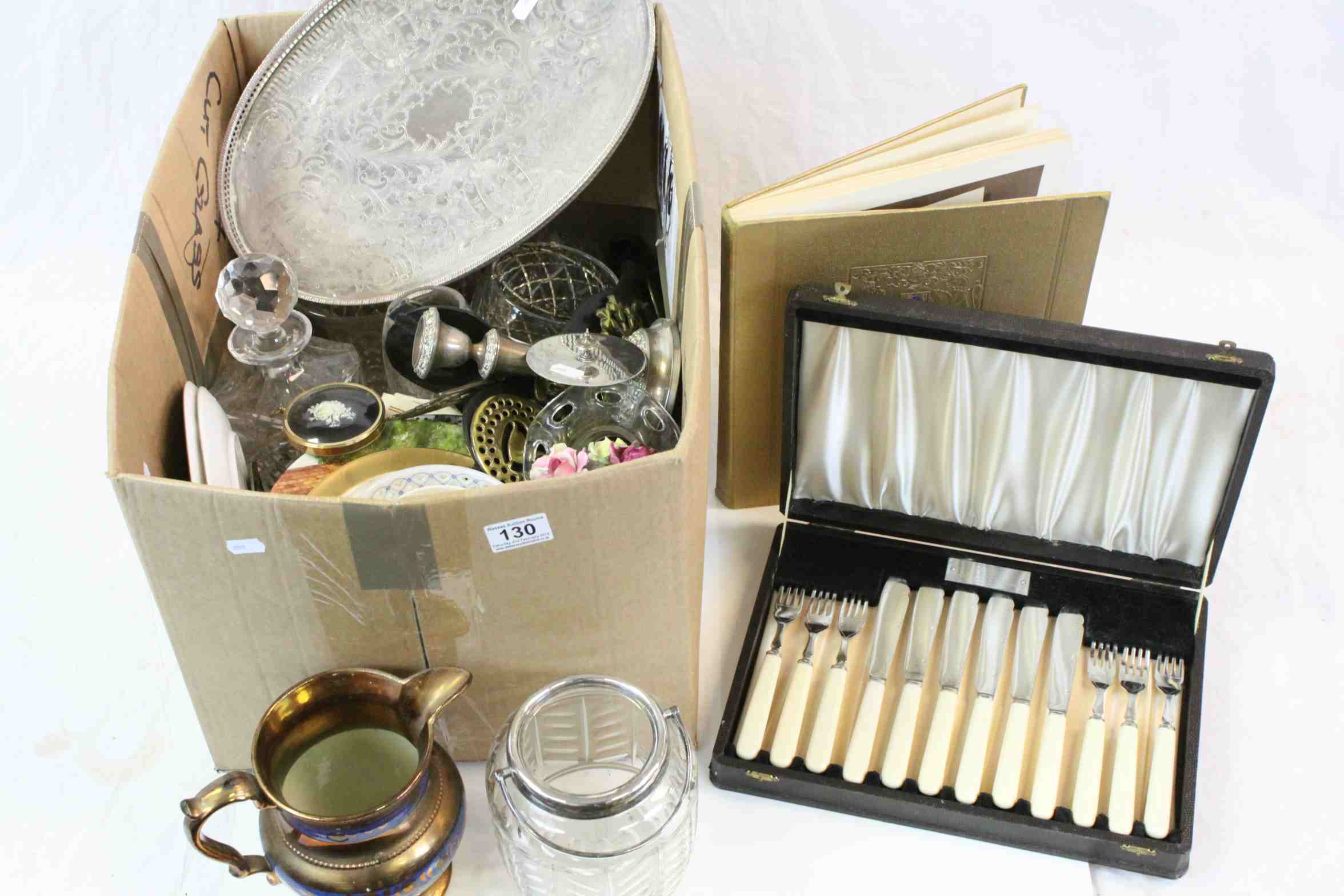 Box of assorted items to include a cased set of fish knives and forks for six place settings, silver