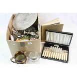 Box of assorted items to include a cased set of fish knives and forks for six place settings, silver