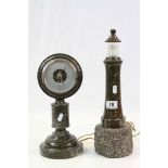 Hardstone lamp modelled as a lighthouse, height approximately 47cm together with a hardstone