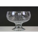 A Large glass footed bowl with etched horse racing decoration