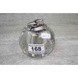 Ronson cut glass table lighter, engraved cross hatching decoration to spherical faceted body, height