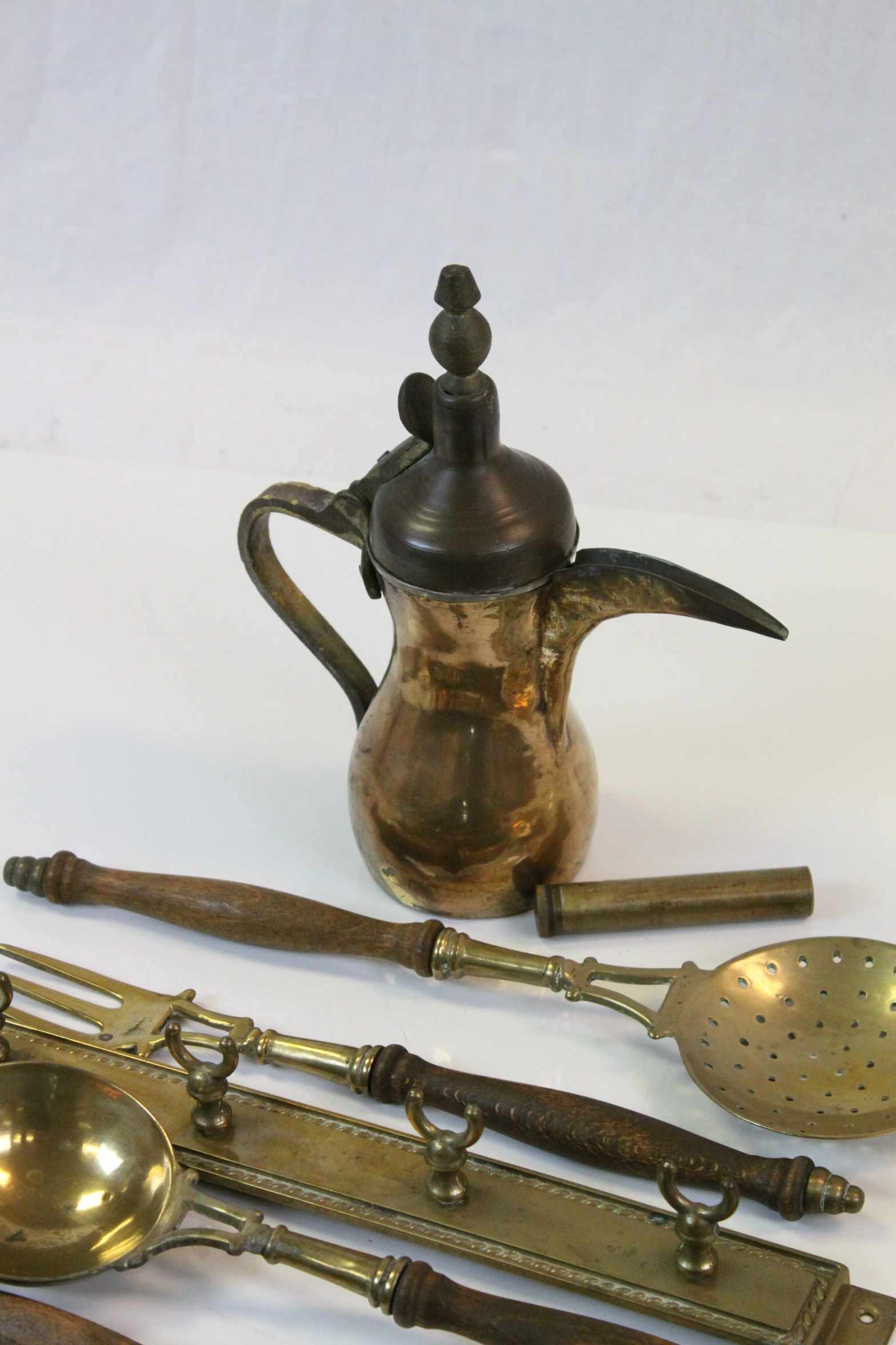 Brass kitchen utensils with wall mount together with a Persian brass hot water/coffee pot - Image 2 of 3