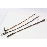 Three riding crops to include Victorian, one with horn handle and silver collar, makers mark M&D,