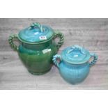 Two Middle Eastern blue/ green glazed lidded Stoneware pots with Rope twist design to the handles