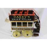 Hand made kit built wooden horse drawn open top bus in cream and brown livery and hand sign