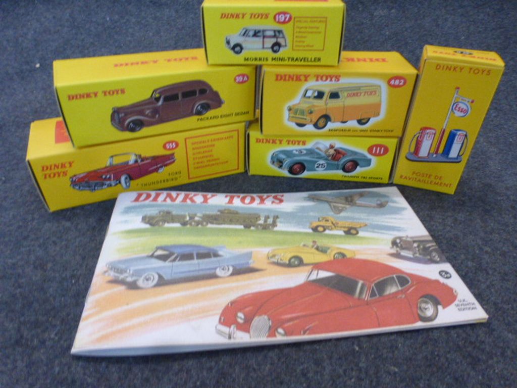Six boxed Atlas edition Dinky diecast models to include 111 Triumph TR2 Sports, 482 Bedford 10cwt