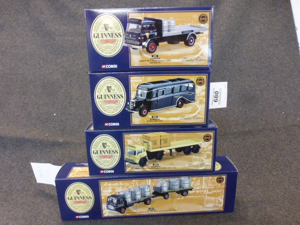 Four boxed ltd edn Corgi Guiness diecast models to include 33804 Bedford OB Coach, 24901 Leyland