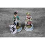 Pair of small hand painted Continental figures depicting a boy with dog and a girl with dog, heights