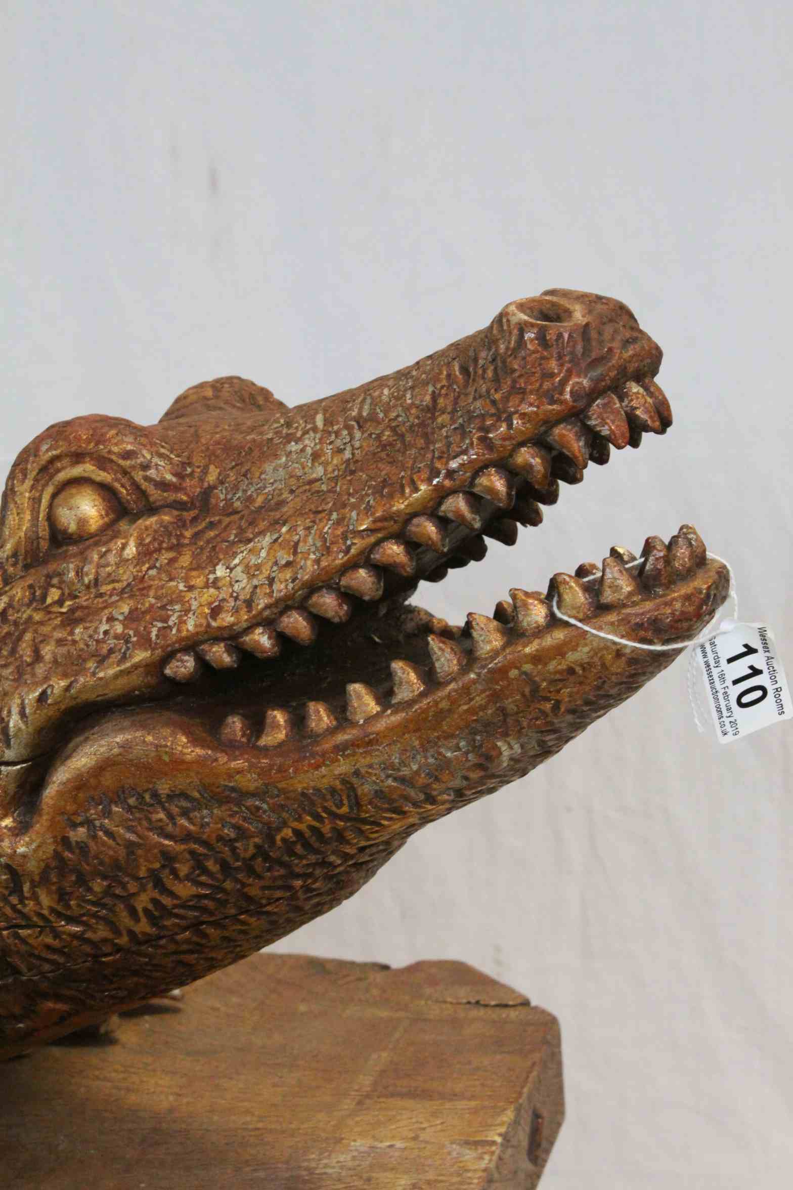 Large Asian carved Wooden model of a Crocodile with matching Hardwood plinth type stand with slots - Image 2 of 6