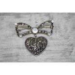 Silver Marcasite and Moonstone Heart Shaped Brooch