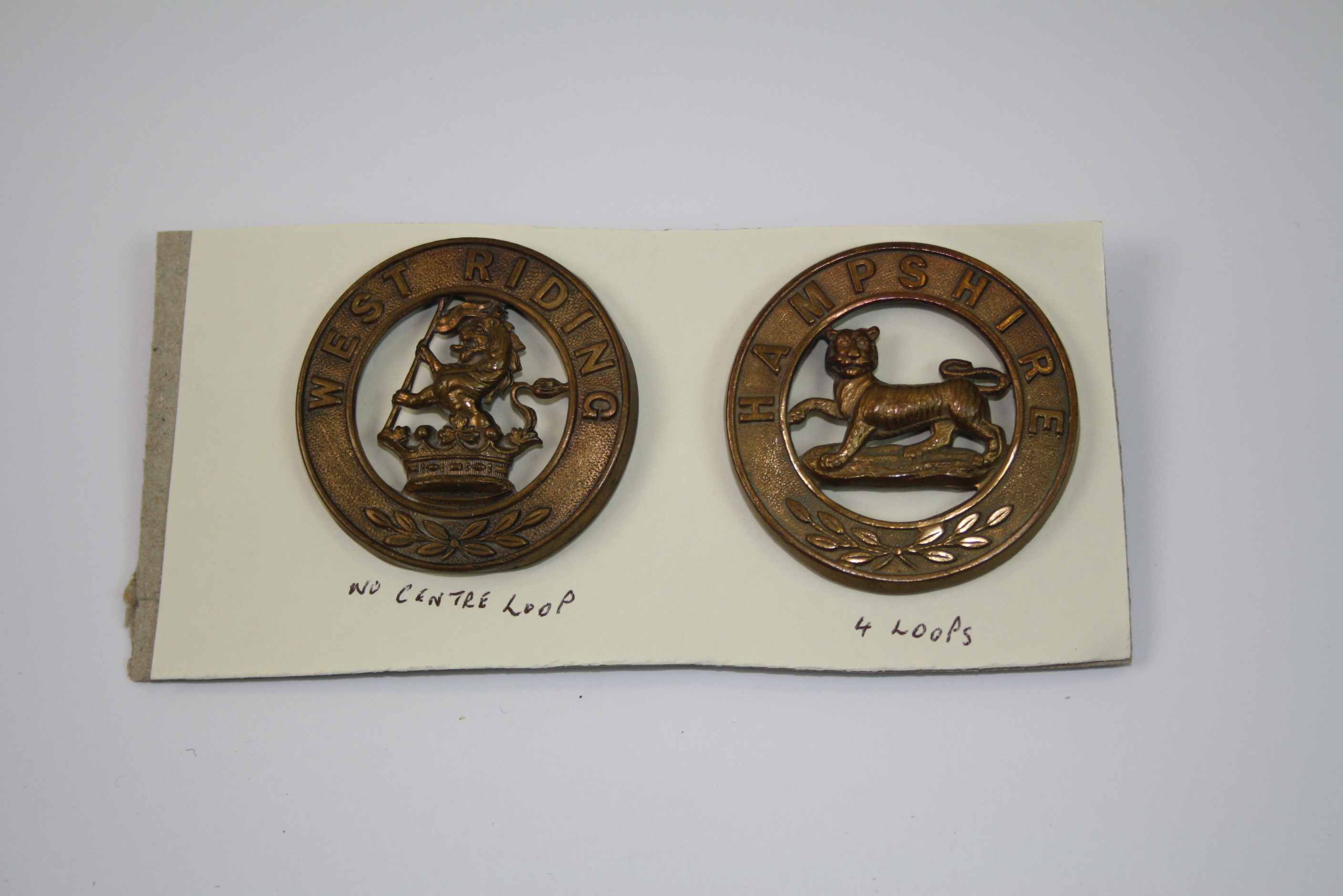 Two Brass Helmet Plate Badges For The West Riding And The Hampshire Regiment.