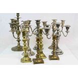 Two Pairs of Silver Plated Candelabra, Brass Candelabra and Two Pairs of Brass Candlesticks