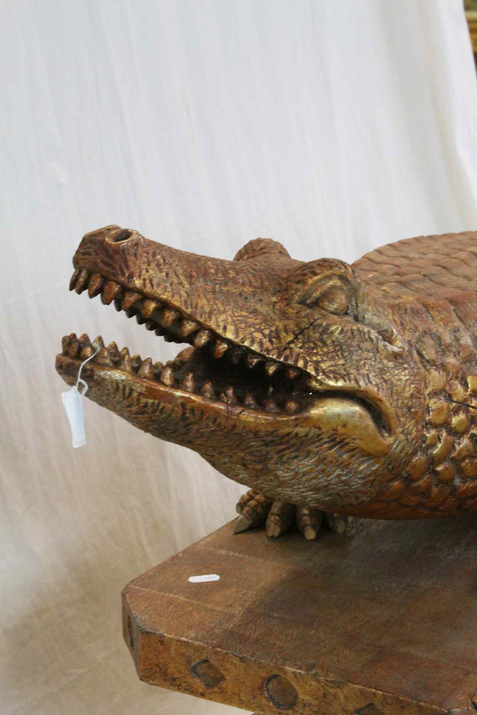 Large Asian carved Wooden model of a Crocodile with matching Hardwood plinth type stand with slots - Image 6 of 6