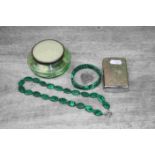 Malachite bead necklace, enamelled lidded glass dressing table jar, filigree heart shaped locket and