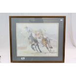 Framed and glazed Watercolour depiction Polo players on Horseback and signed KJ'87, measures