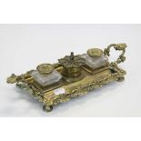 19th century ink Stand with Pair of Brass Topped Cut Glass Inkwells and overall Botanical theme