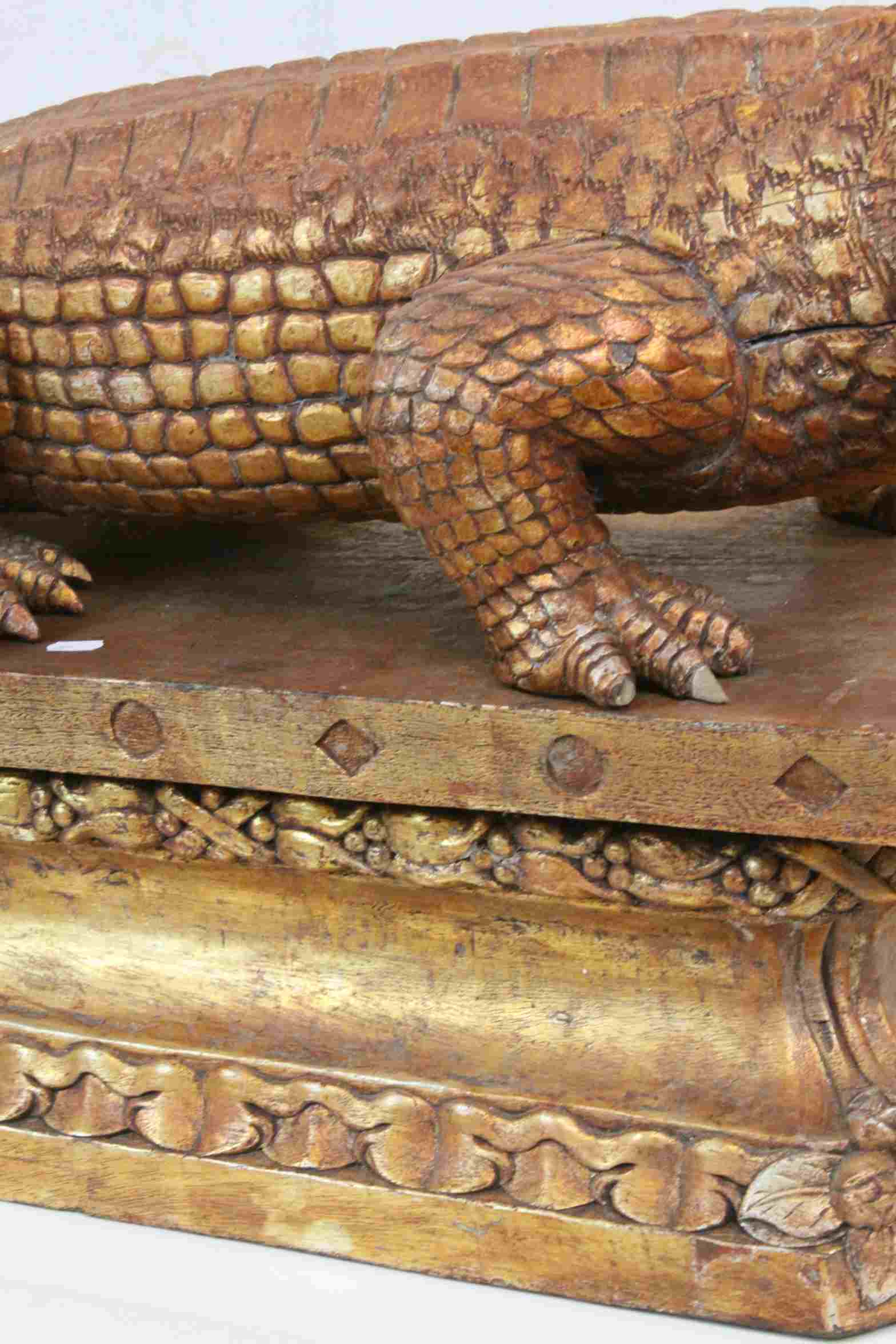 Large Asian carved Wooden model of a Crocodile with matching Hardwood plinth type stand with slots - Image 3 of 6