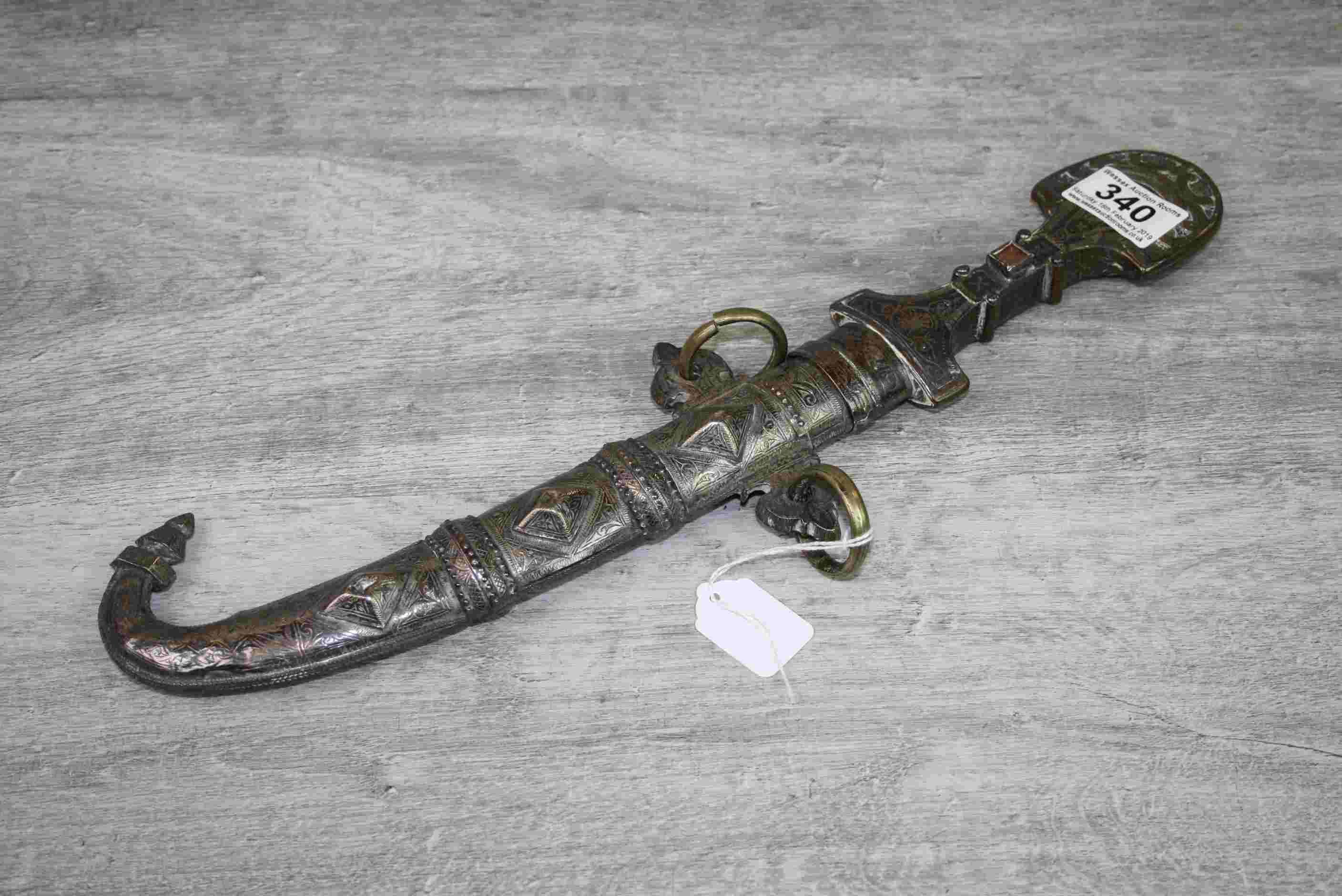 Middle Eastern decorative dagger with scabbard, fully decorated handle set with hardstone, length