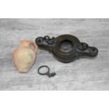 Bronze 19th century oil lamp with applied swan decoration, an antique key together with a small