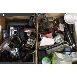 Two Trays of Mixed Cameras, Lenses and Other Camera Equipment and Accessories